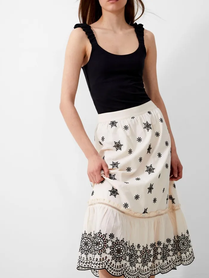 French Connection Embroidered Felicity Midi Skirt Classic CreamBlack Woman Coords