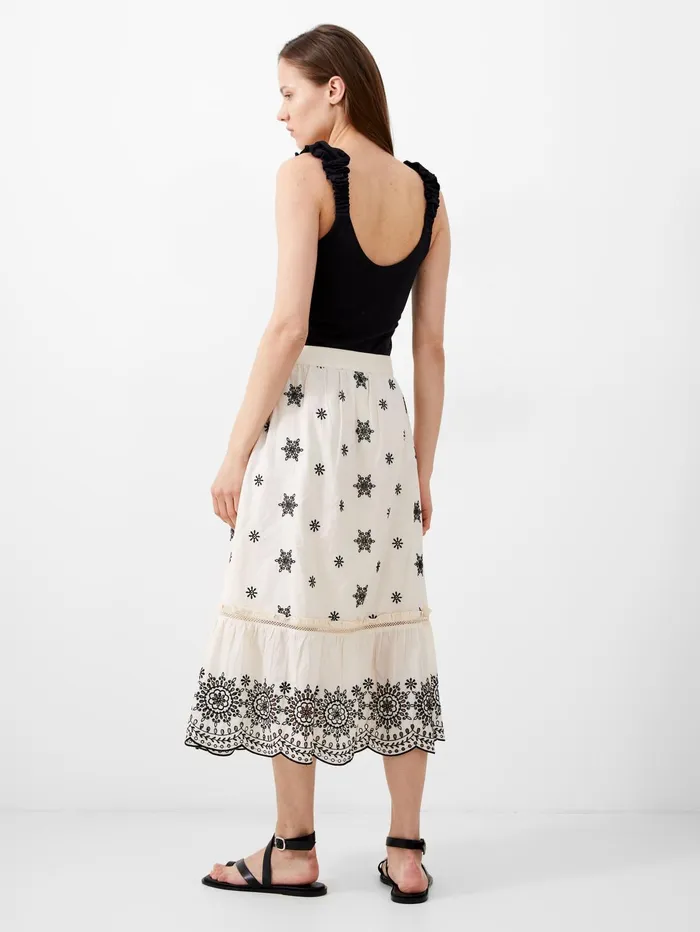 French Connection Embroidered Felicity Midi Skirt Classic CreamBlack Woman Coords