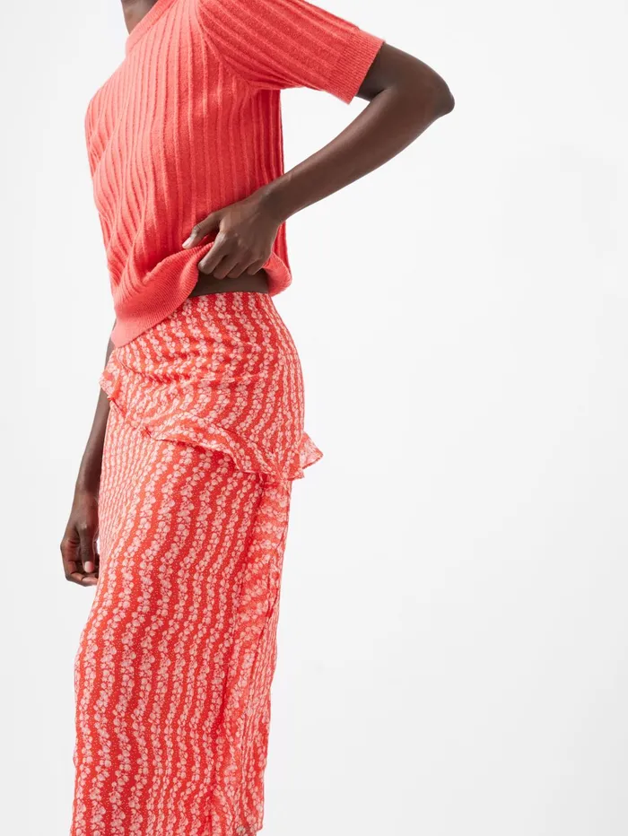 French Connection Frances Recycled Crinkle Ruffle Midi Skirt Cayenne RedWhite Woman Skirts