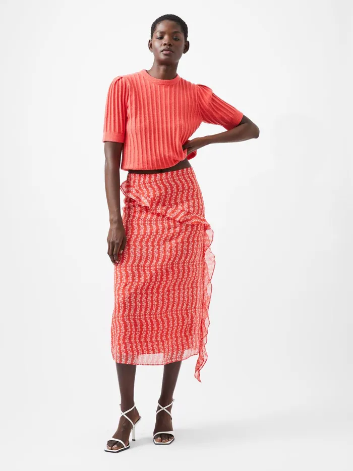 French Connection Frances Recycled Crinkle Ruffle Midi Skirt Cayenne RedWhite Woman Skirts