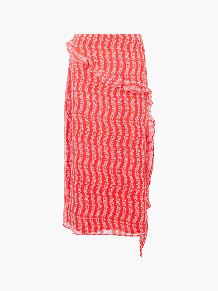 French Connection Frances Recycled Crinkle Ruffle Midi Skirt Cayenne RedWhite Woman Skirts
