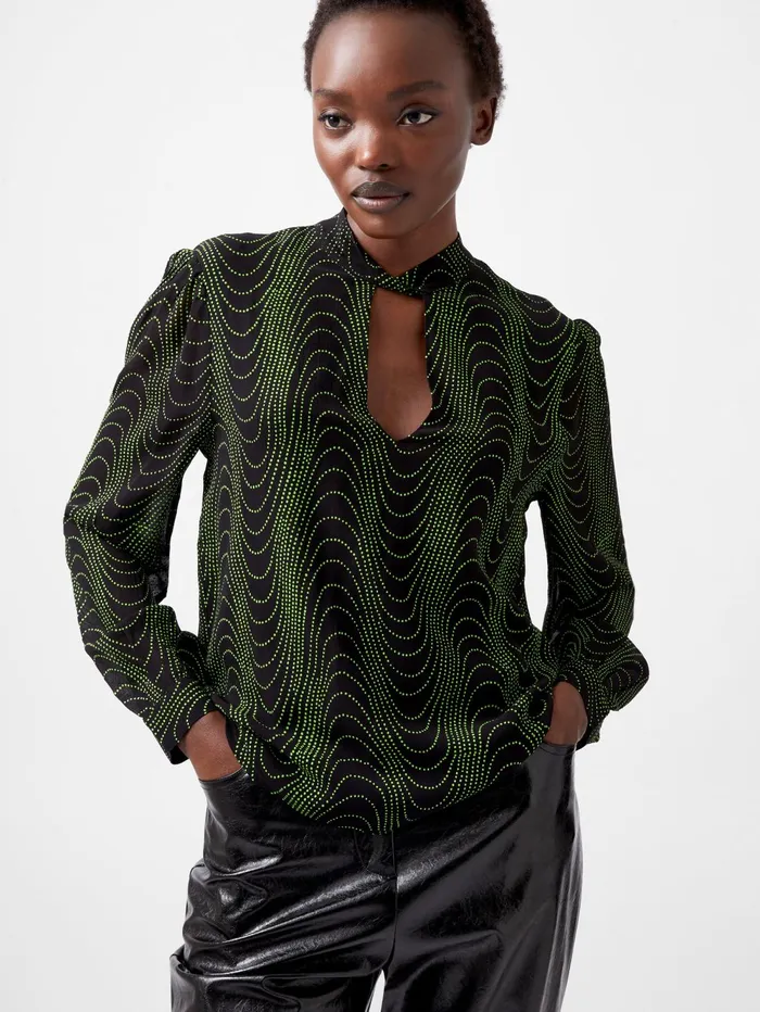 French Connection Grace Alohi Keyhole Blouse BlackoutVivid Green Woman Tops