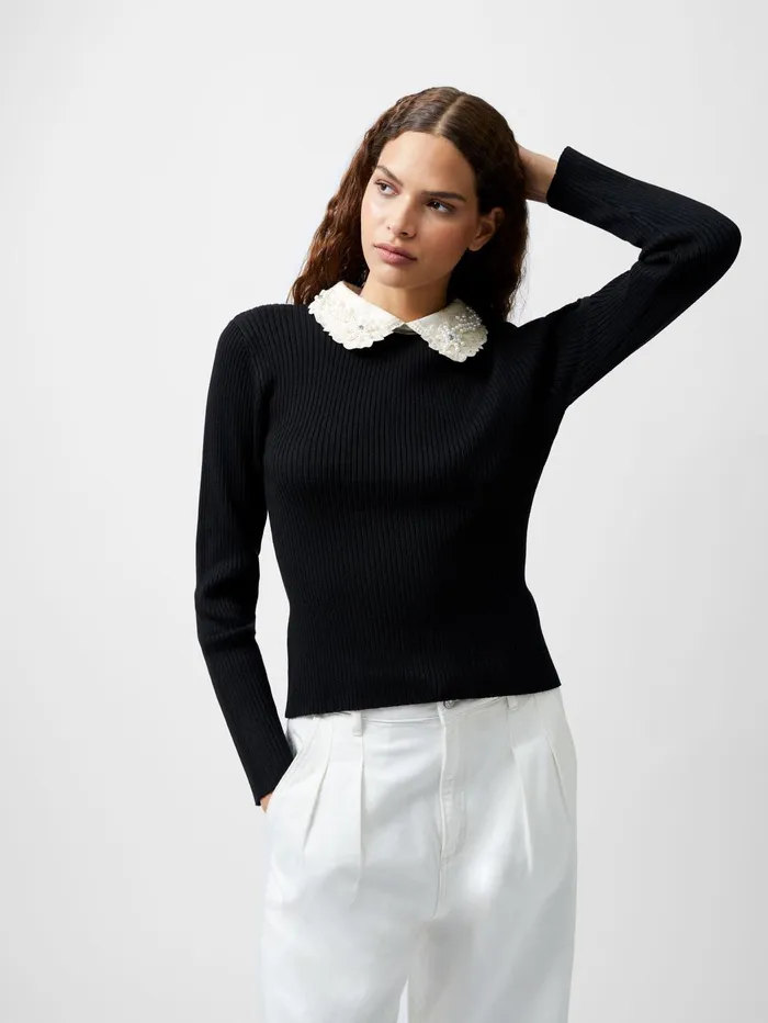 French Connection Krista Embellished Knit Top BlackWhite Woman Jumpers and Cardigans