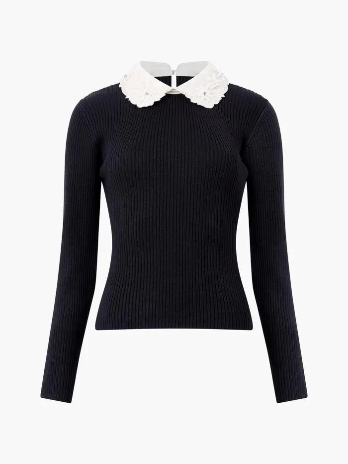 French Connection Krista Embellished Knit Top BlackWhite Woman Jumpers and Cardigans