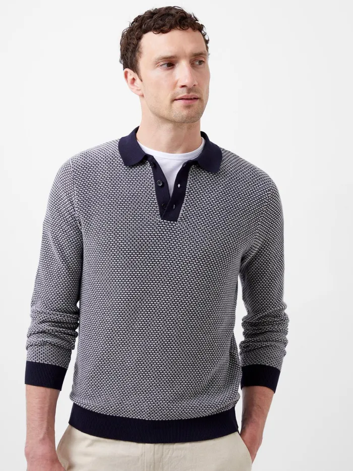 French Connection Long Sleeve Jacquard Polo Shirt Marine Man Knitwear