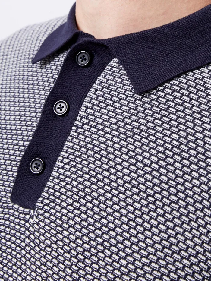 French Connection Long Sleeve Jacquard Polo Shirt Marine Man Knitwear