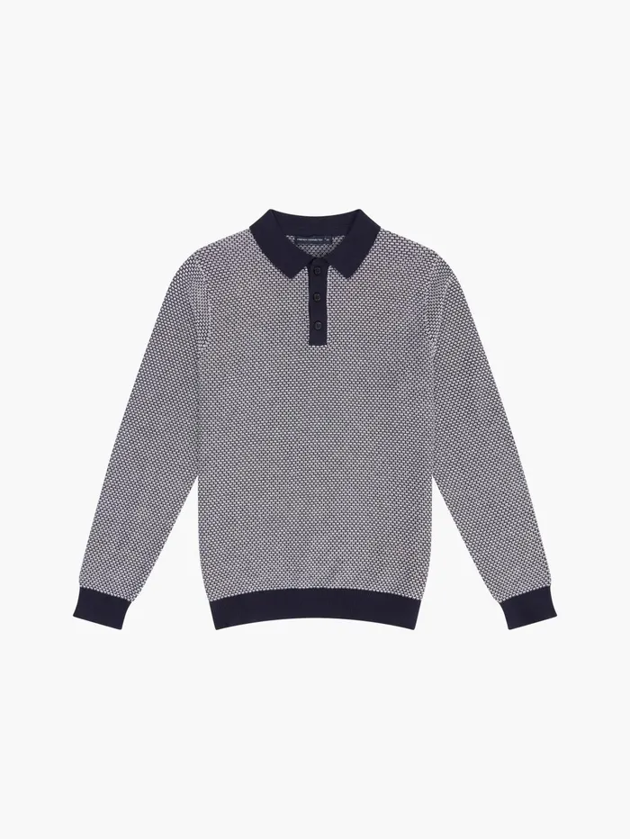 French Connection Long Sleeve Jacquard Polo Shirt Marine Man Knitwear