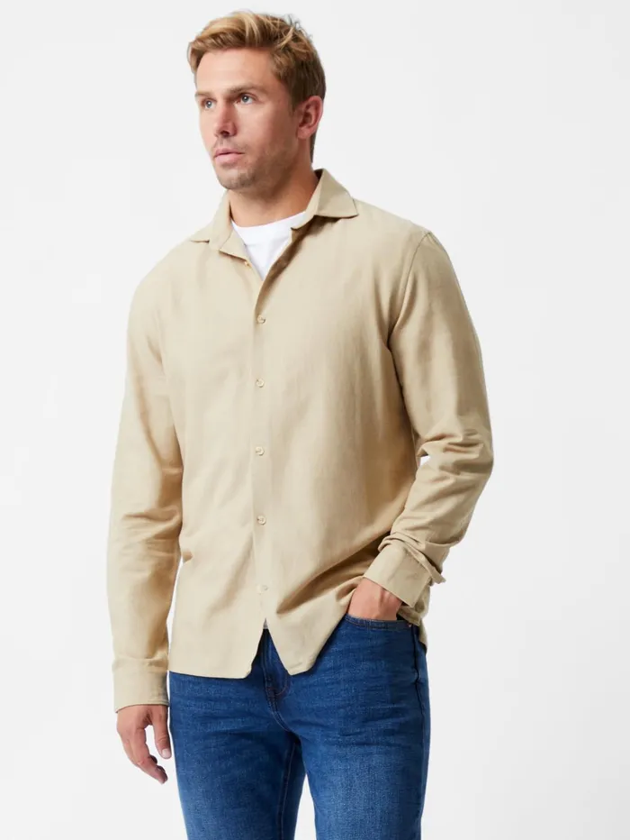 French Connection Long Sleeve Linen Blend Shirt Dark Sand Man Shirts