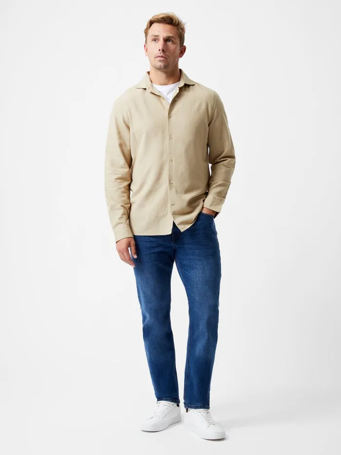 French Connection Long Sleeve Linen Blend Shirt Dark Sand Man Shirts