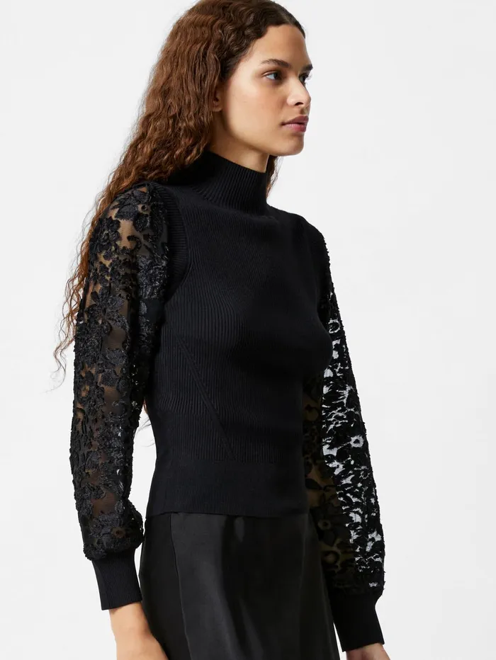 French Connection Ribbed High Neck Devore Sleeve Jumper Black Woman Jumpers and Cardigans