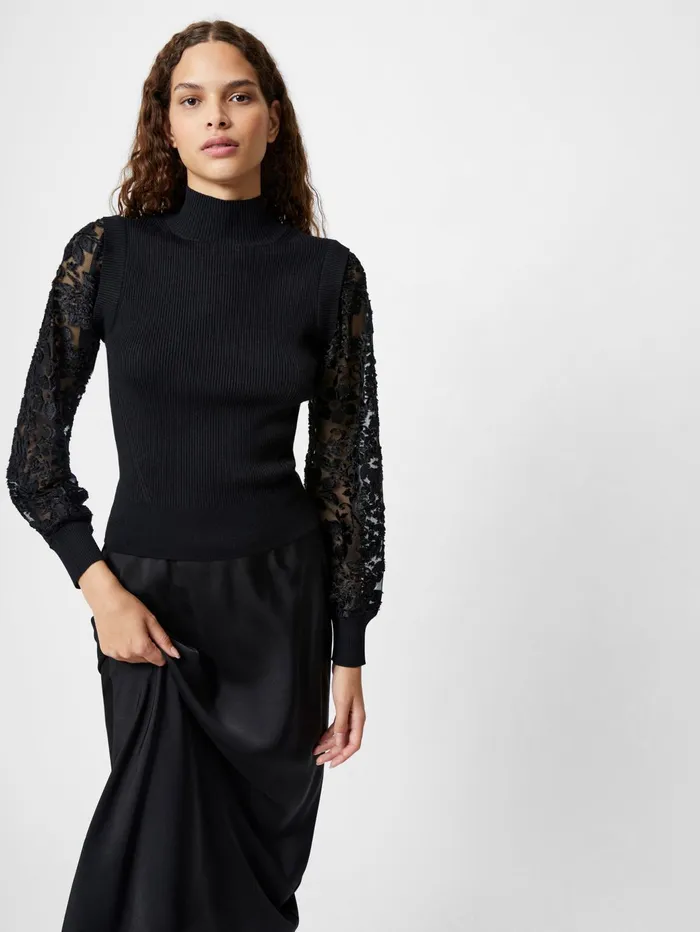 French Connection Ribbed High Neck Devore Sleeve Jumper Black Woman Jumpers and Cardigans