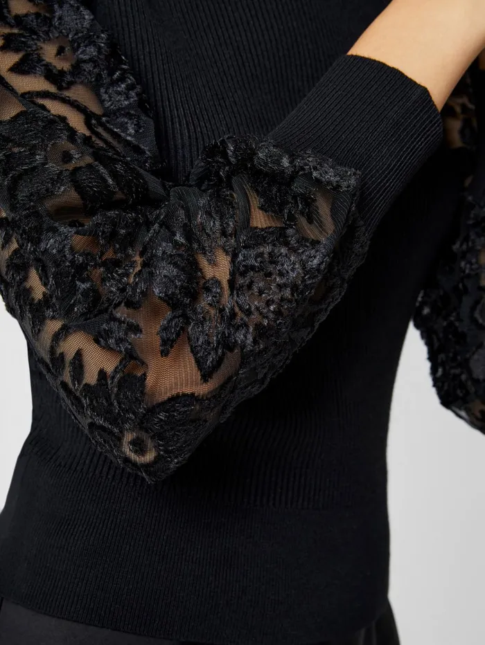 French Connection Ribbed High Neck Devore Sleeve Jumper Black Woman Jumpers and Cardigans