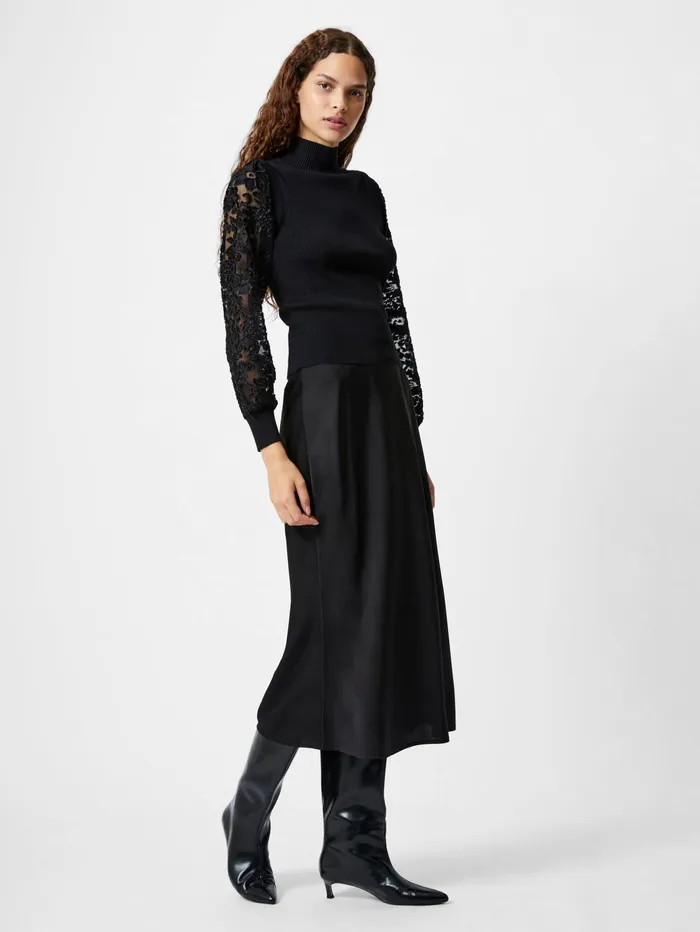 French Connection Ribbed High Neck Devore Sleeve Jumper Black Woman Jumpers and Cardigans