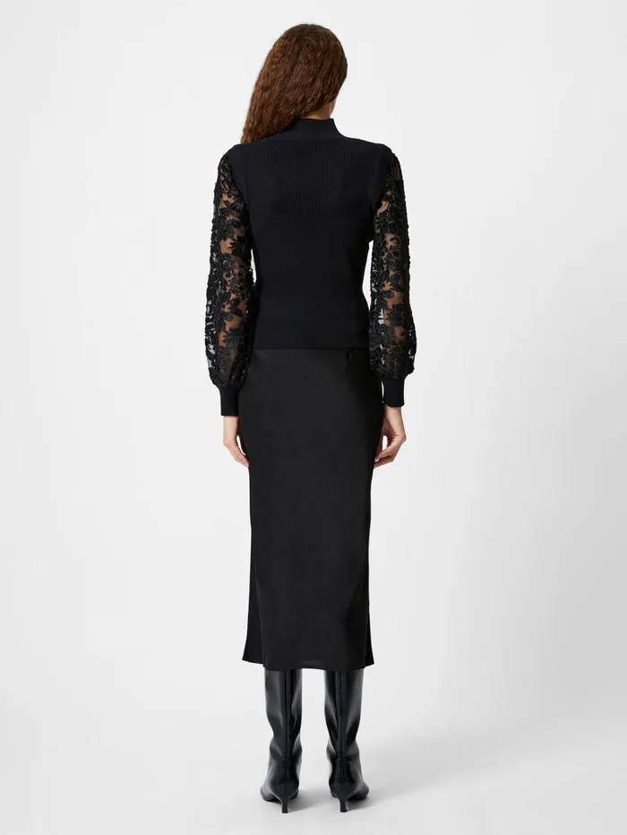 French Connection Ribbed High Neck Devore Sleeve Jumper Black Woman Jumpers and Cardigans