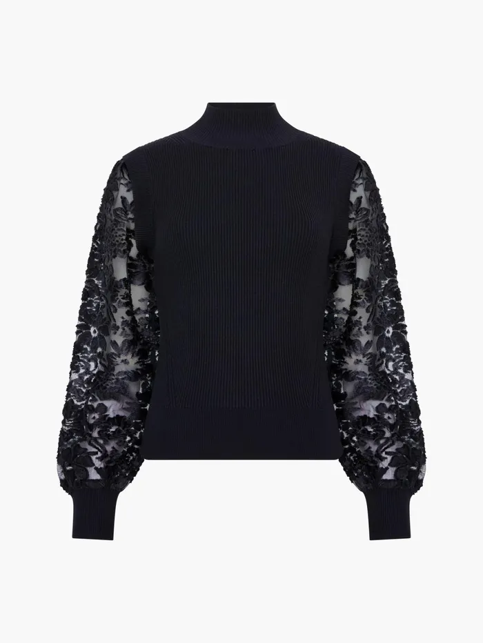 French Connection Ribbed High Neck Devore Sleeve Jumper Black Woman Jumpers and Cardigans