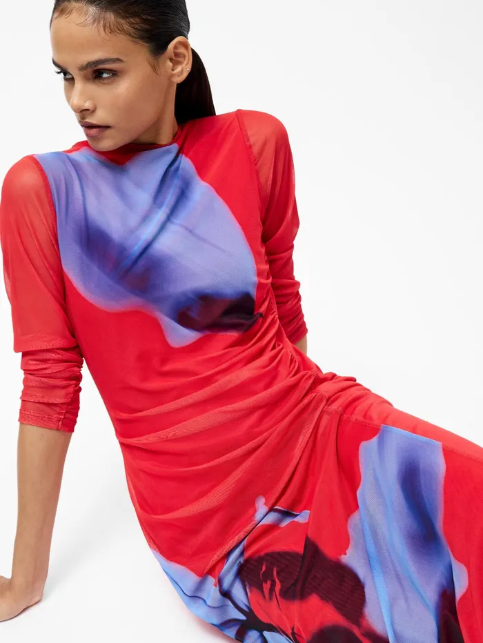 French Connection Smokey Placement Long Sleeve Floral Dress Red Multi Woman Dresses