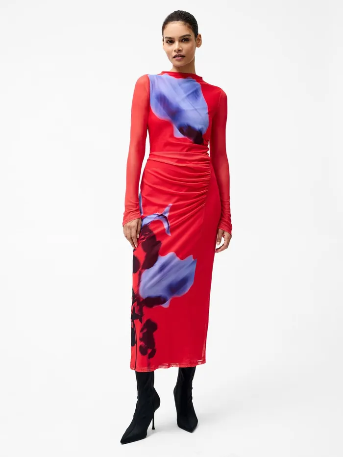 French Connection Smokey Placement Long Sleeve Floral Dress Red Multi Woman Dresses