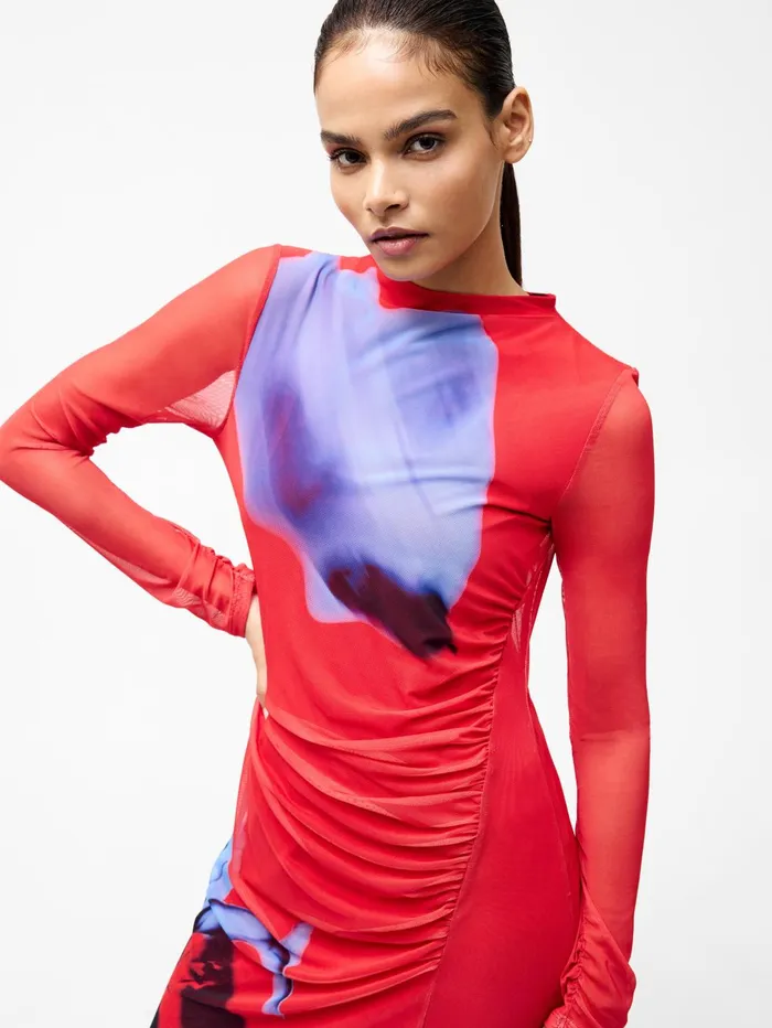 French Connection Smokey Placement Long Sleeve Floral Dress Red Multi Woman Dresses
