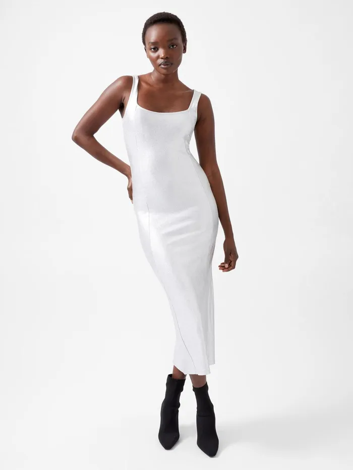 French Connection Vista Ribbed Foil Coated Midi Dress Silver Woman Dresses