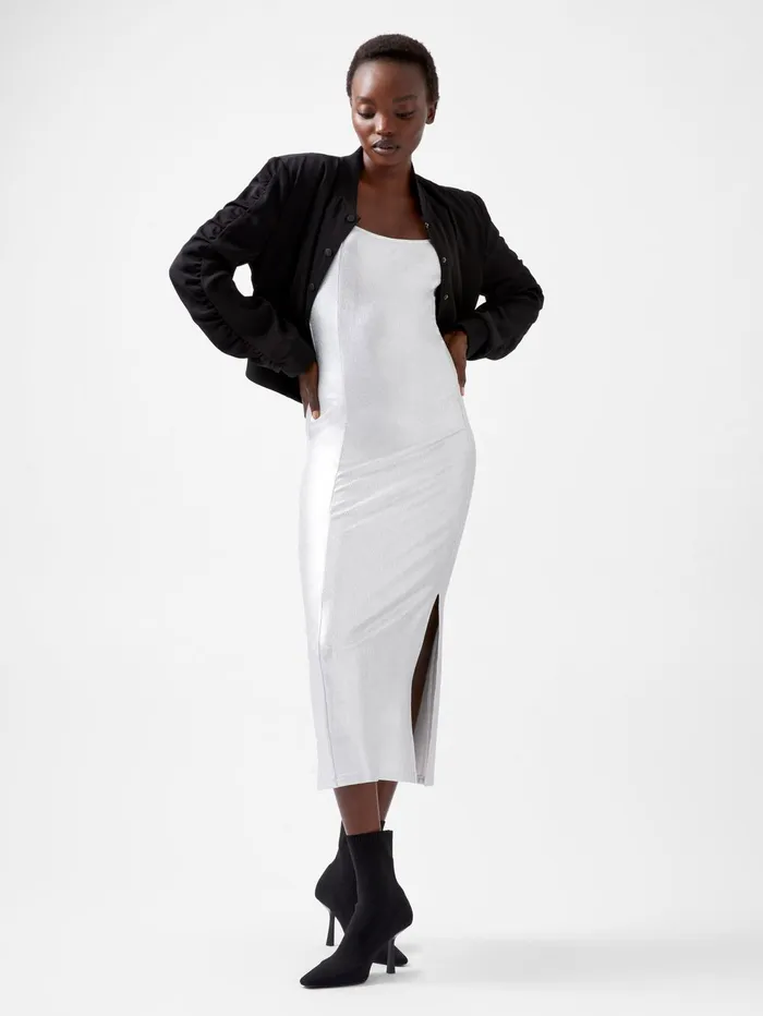French Connection Vista Ribbed Foil Coated Midi Dress Silver Woman Dresses