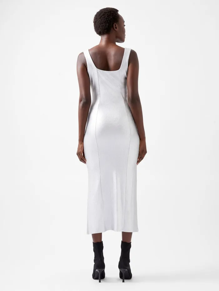 French Connection Vista Ribbed Foil Coated Midi Dress Silver Woman Dresses