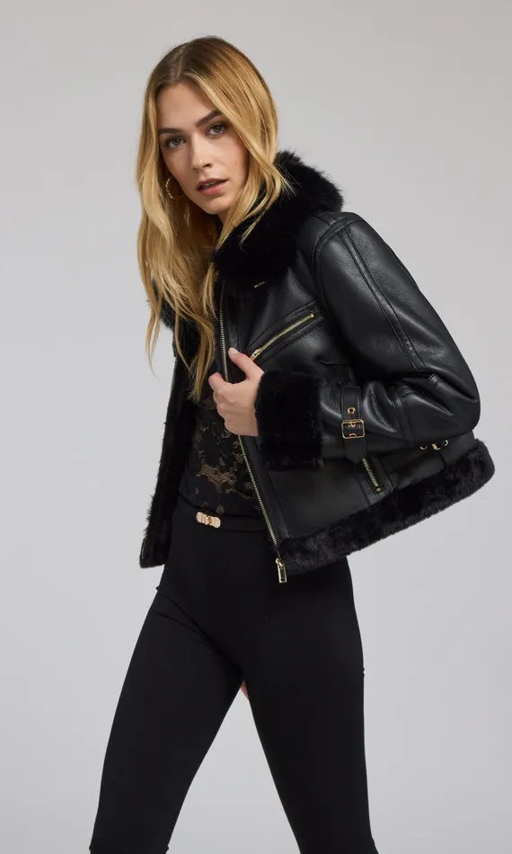 Generation Love Clothing Jude Vegan Fur Shearling Combo Jacket Blackblack Women Outerwear