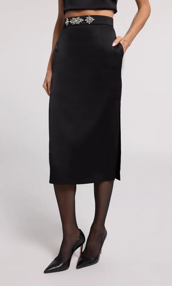 Generation Love Clothing Kori Crystal Embellished Satin Skirt Blackclear Women Skirts