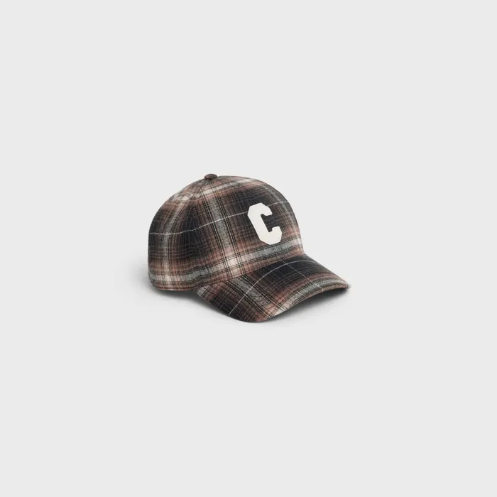 Initial Cap In Checked Cotton Brown Men CELINE HATS AND SOFT ACCESSORIES