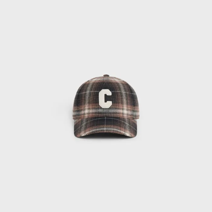Initial Cap In Checked Cotton Brown Men CELINE HATS AND SOFT ACCESSORIES