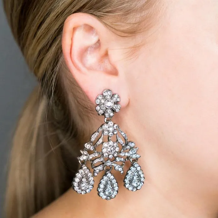 Kenneth Jay Lane Clear Crystal Earrings Women Antique Silver And Crystal Drop Clip Earrings