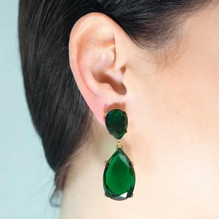 Kenneth Jay Lane Dark Color Gem Earrings Women Emerald And Gold Teardrop Pierced Or Clip Earrings