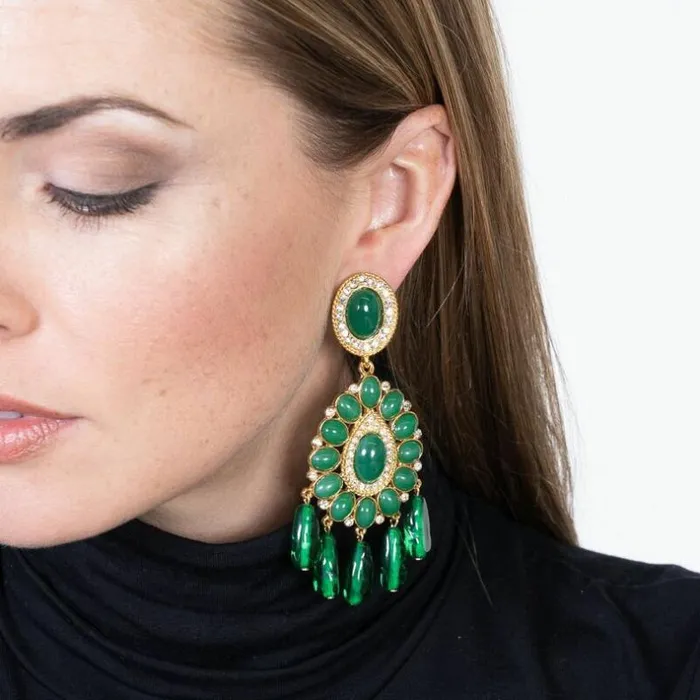 Kenneth Jay Lane Dark Color Gem Earrings Women Gold and Emerald Drop Clip Earrings Kenneth Jay Lane Dark Color Gem Earrings Women Gold and Emerald Drop Clip Earrings