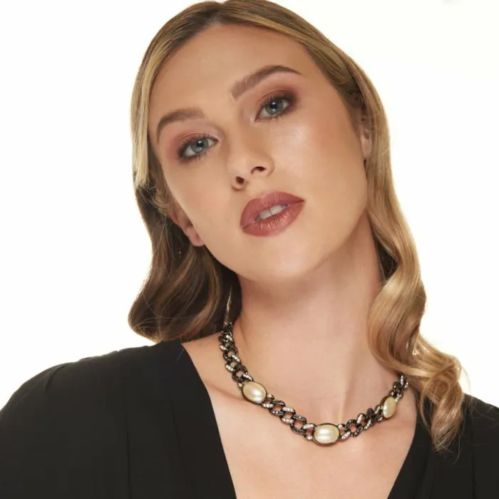 Kenneth Jay Lane Dark Color Necklaces Women Vintage Gunmetal With Crystal Hematite And Pearls Chain Necklace Kenneth Jay Lane Dark Color Necklaces Women Vintage Gunmetal With Crystal Hematite And Pearls Chain Necklace