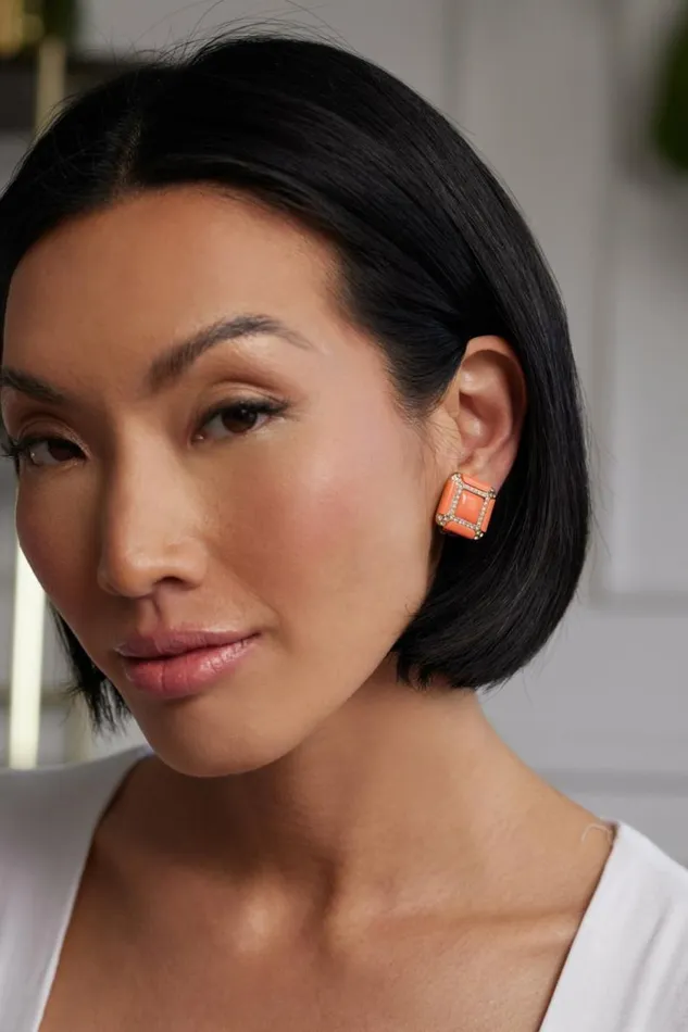Kenneth Jay Lane Light Color Earrings Women Coral Square Clip Earrings Kenneth Jay Lane Light Color Earrings Women Coral Square Clip Earrings