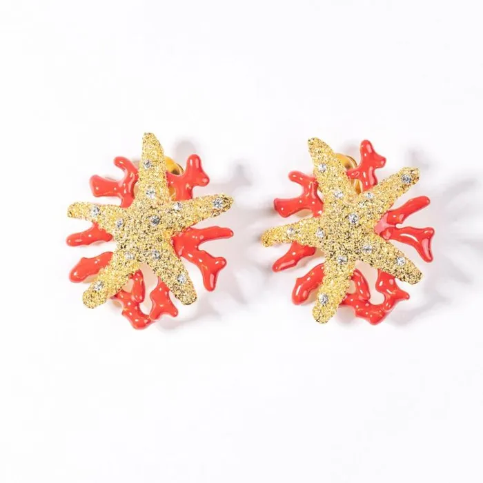 Kenneth Jay Lane Light Color Earrings Women Starfish And Dark Coral Enamel Branch Earring Kenneth Jay Lane Light Color Earrings Women Starfish And Dark Coral Enamel Branch Earring
