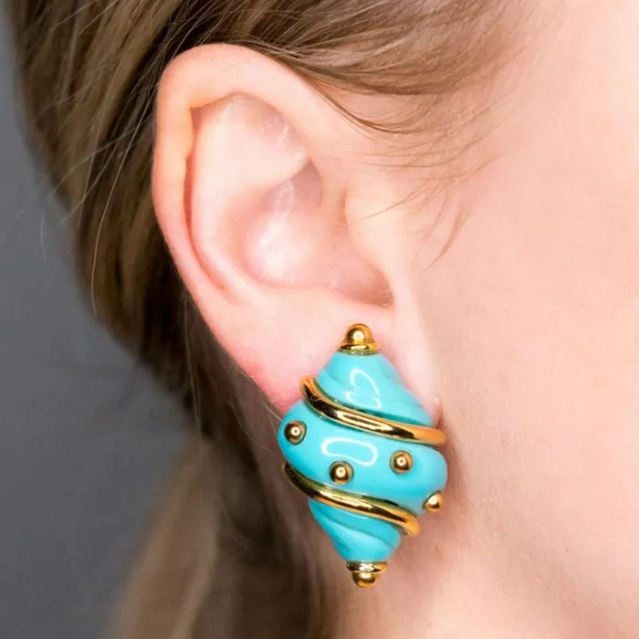Kenneth Jay Lane Light Color Earrings Women Turquoise Shell With Gold Dots Clip Earrings Kenneth Jay Lane Light Color Earrings Women Turquoise Shell With Gold Dots Clip Earrings