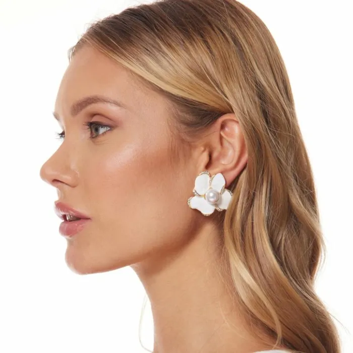 Kenneth Jay Lane Light Color Earrings Women White Enamel Flower Clip Earrings Kenneth Jay Lane Light Color Earrings Women White Enamel Flower Clip Earrings