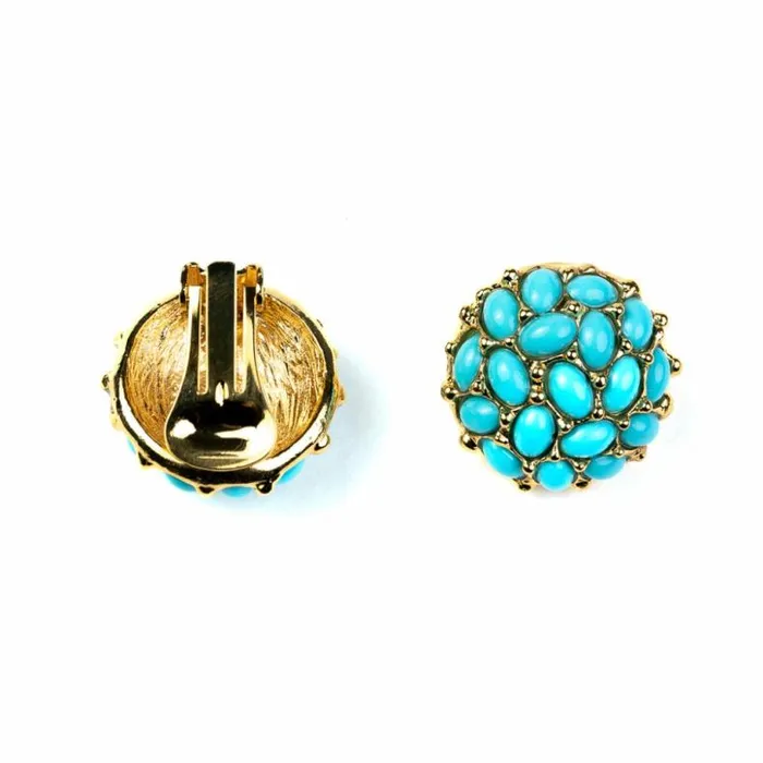 Kenneth Jay Lane Light Color Gem Earrings Women Gold And Turquoise Cabochons Button Clip Earrings