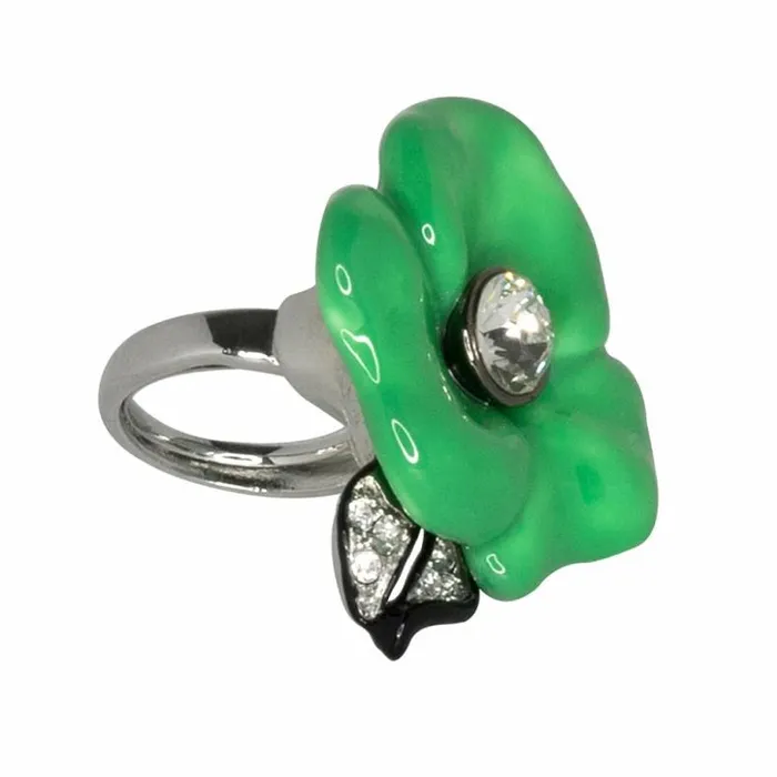 Kenneth Jay Lane Light Color Rings Women Silver and Jade Flower Ring
