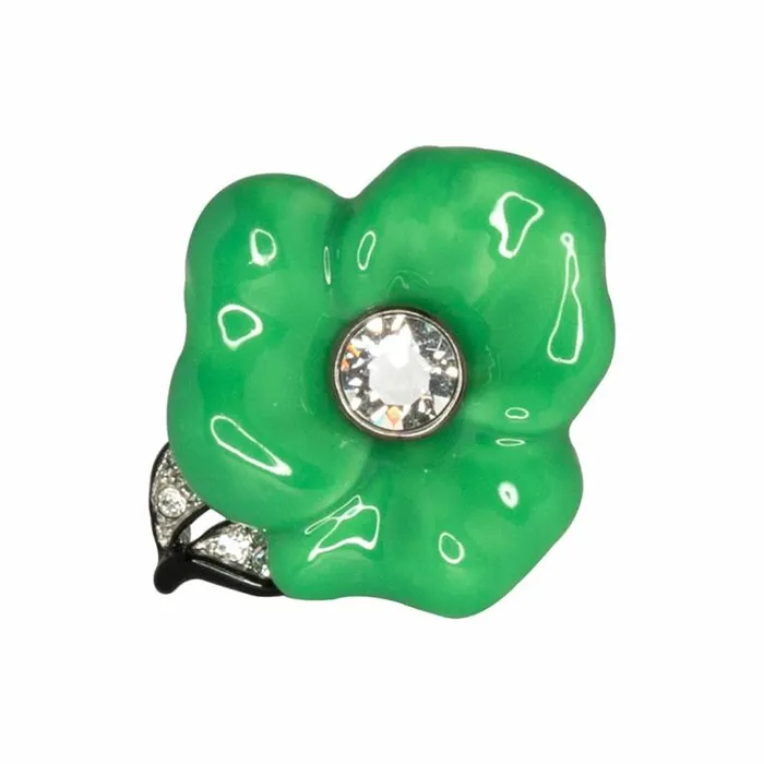 Kenneth Jay Lane Light Color Rings Women Silver and Jade Flower Ring