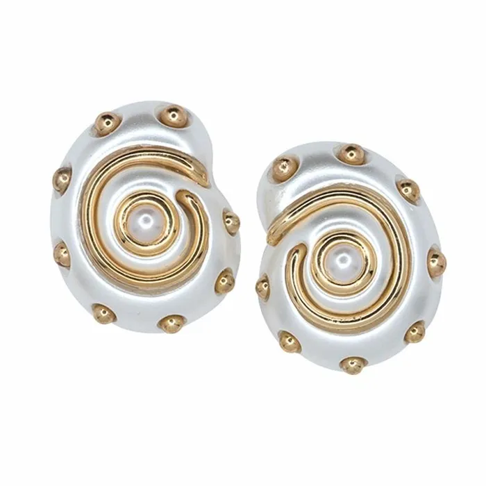 Kenneth Jay Lane Pearl Earrings Women White Pearl With Gold Dots And Pearl Center Shell Clip Earrings