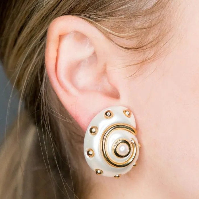 Kenneth Jay Lane Pearl Earrings Women White Pearl With Gold Dots And Pearl Center Shell Clip Earrings Kenneth Jay Lane Pearl Earrings Women White Pearl With Gold Dots And Pearl Center Shell Clip Earrings