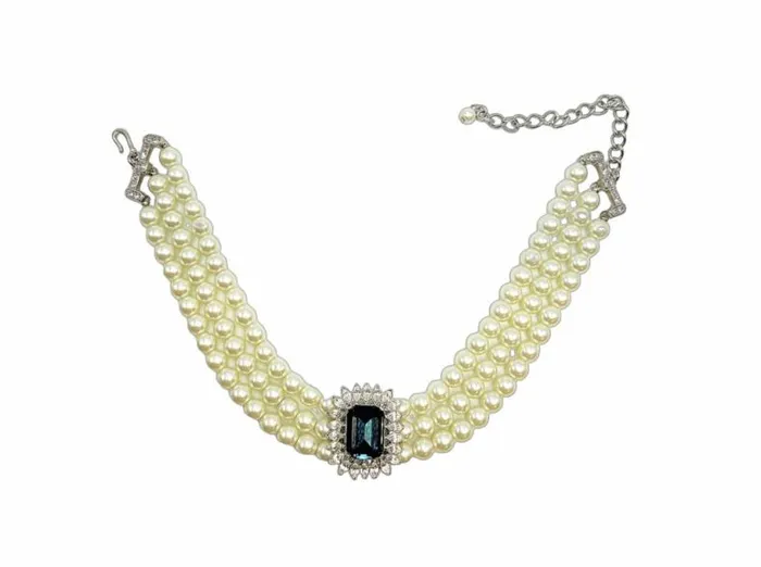 Kenneth Jay Lane Pearl Necklaces Women 3 Row Pearl Choker With Sapphire And Crystal Center Kenneth Jay Lane Pearl Necklaces Women 3 Row Pearl Choker With Sapphire And Crystal Center