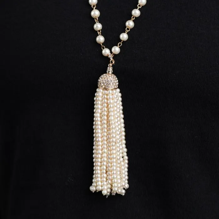 Kenneth Jay Lane Pearl Necklaces Women Pearl Gold And Crystal Tassel Necklace