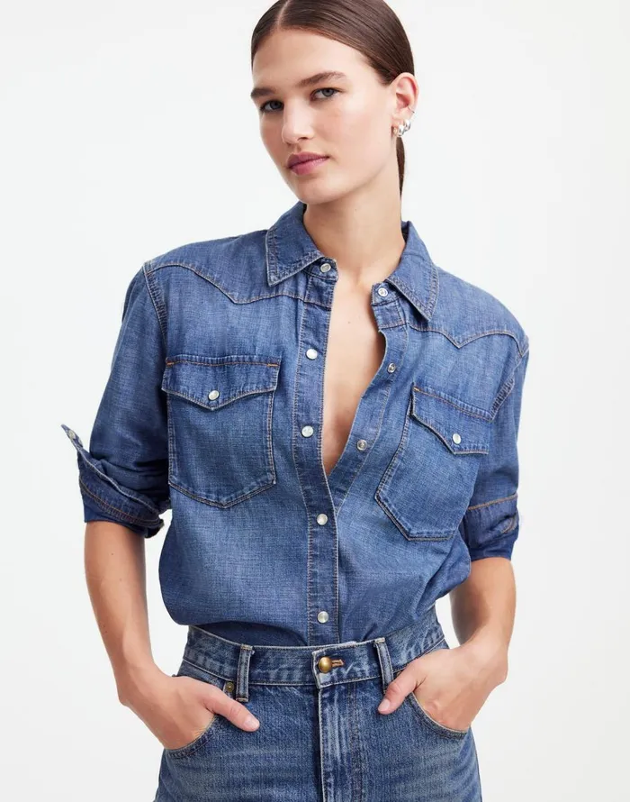 Madewell Alexa Chung For Madewell Denim Western Shirt In Vintage Wash Belding Wash Women Tops and Shirts Madewell Alexa Chung For Madewell Denim Western Shirt In Vintage Wash Belding Wash Women Tops and Shirts