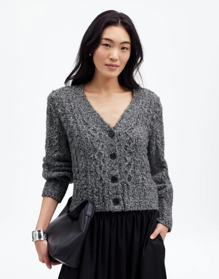 Madewell Cable VNeck Cardigan Dusk Grey Women Sweaters