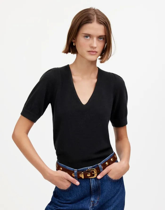 Madewell Cashmere VNeck PuffSleeve Sweater Tee Hthr Oat Women Sweaters