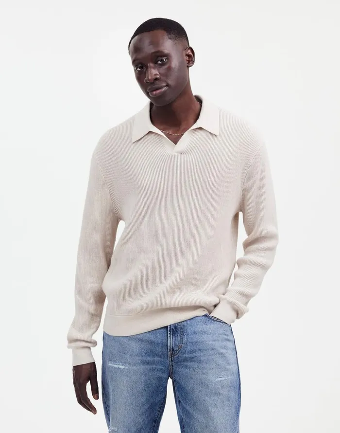 Madewell JohnnyCollar Sweater Polo Shirt In Merino Wool Hthr Alabaster Men Shirts