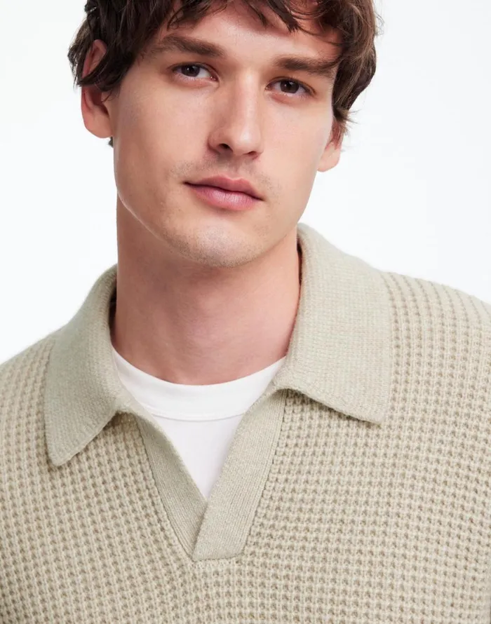 Madewell JohnnyCollar Sweater Polo Shirt In Waffle Knit Heather Light Sand Men Shirts Madewell JohnnyCollar Sweater Polo Shirt In Waffle Knit Heather Light Sand Men Shirts