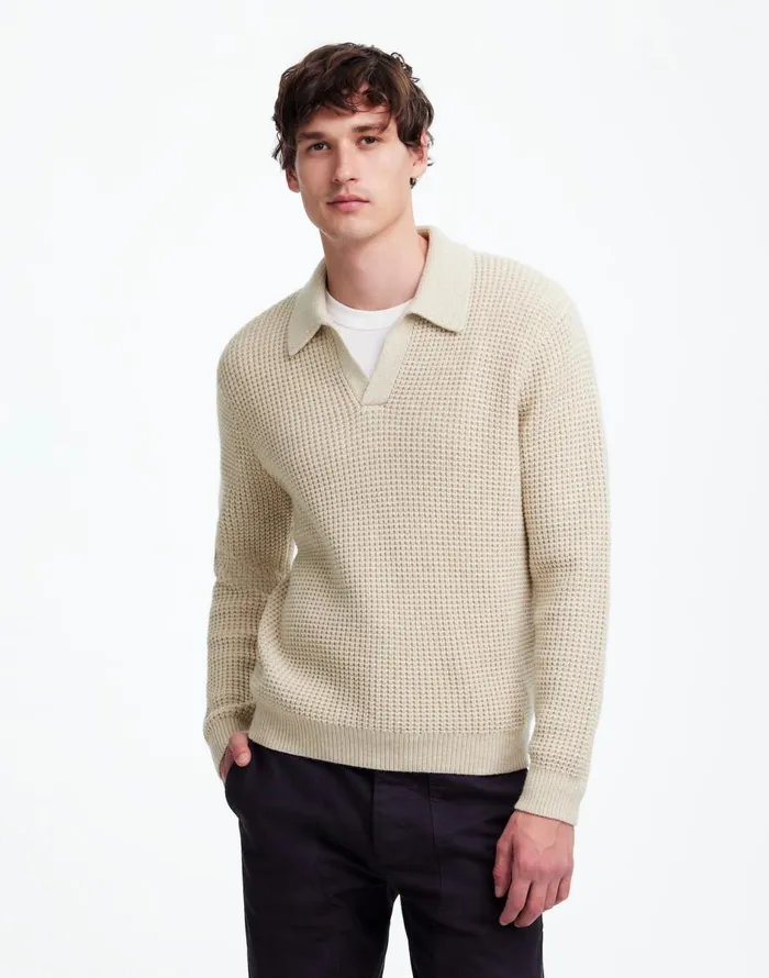 Madewell JohnnyCollar Sweater Polo Shirt In Waffle Knit Heather Light Sand Men Shirts